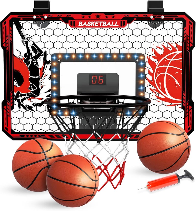 CL FUN Over The Door Basketball Hoop, 2025 Upgrade Indoor Basketball Hoop with LED Lights and Scoreboard, Includes 3 Balls & Pump, Toys Gifts for3 4 5 6 7 8 9 10 11 12 Year Old Boys - Mini Basketball Hoop - Image 1